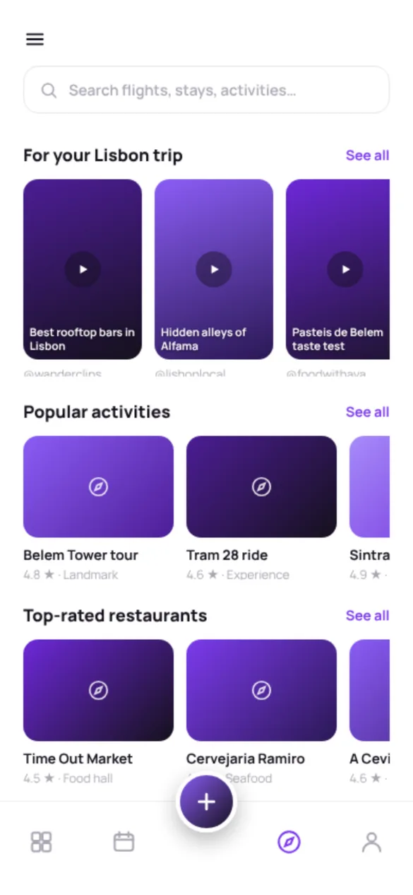 UTrippn explore screen with activities and restaurants