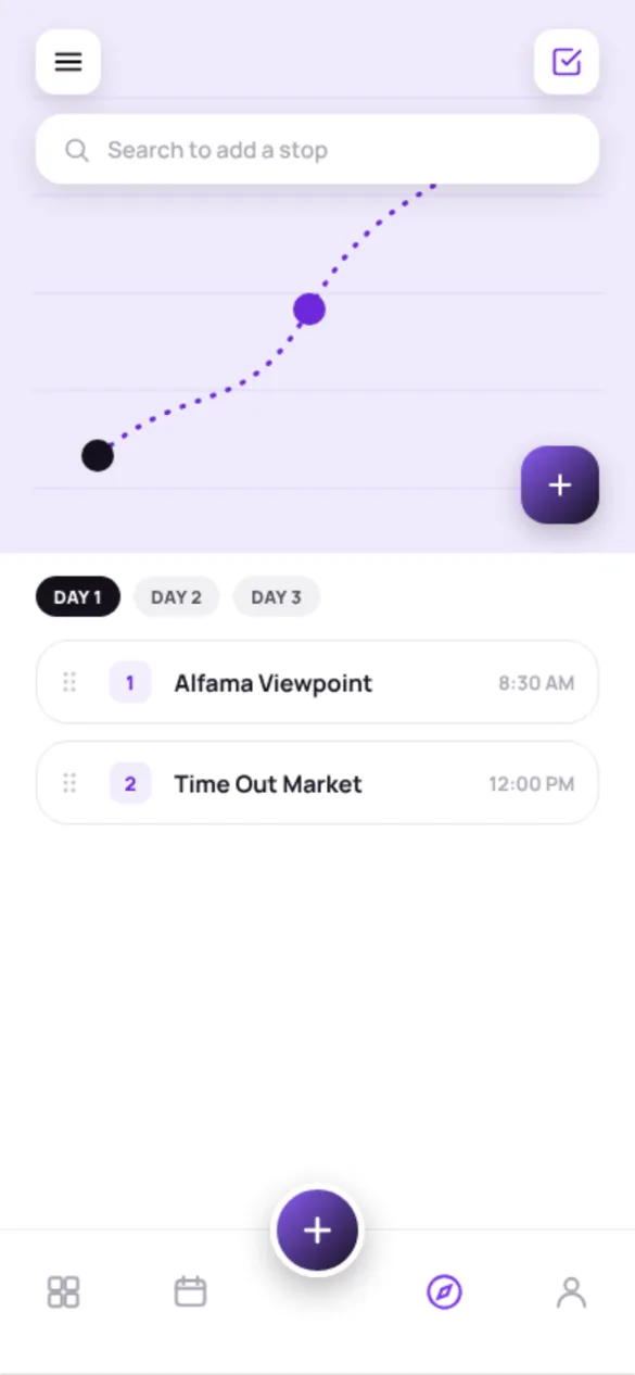 UTrippn trip map with stops plotted by day